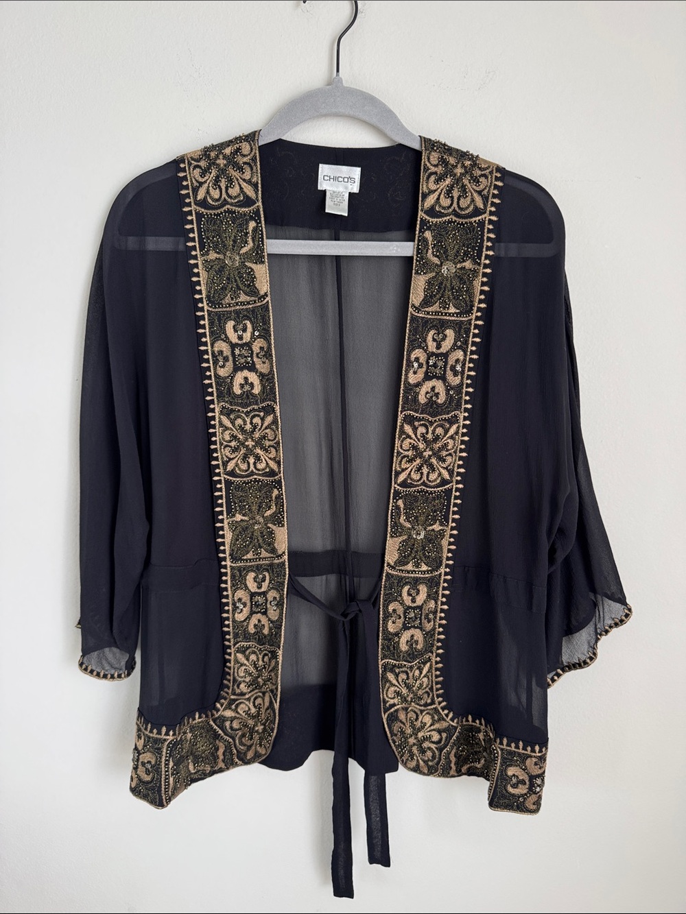 Chico’s 100% Silk Beaded Embroidered Kimono Jacket Cardigan Black Gold Size S
